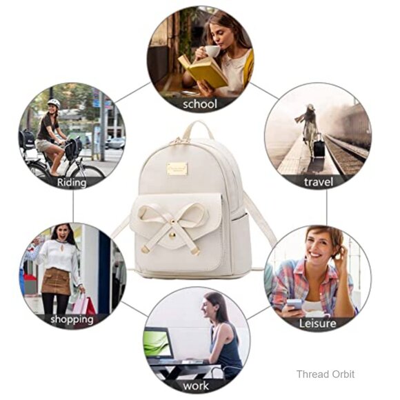 Mini PU Leather Backpack with Bowknot, Adjustable Straps, 7 Pockets main image 3
